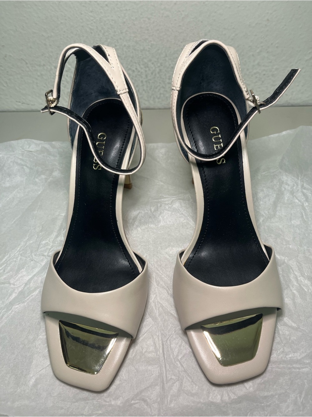 GUESS Cream and Black Open-Toe Ankle-Strap Heels with Gold Accent